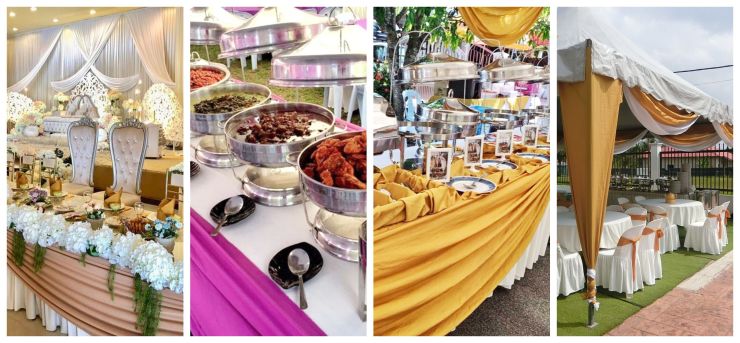 Meja buffet, kanopi dan susun atur pelamin oleh Raja Briyani Catering, syarikat katering perkahwinan murah